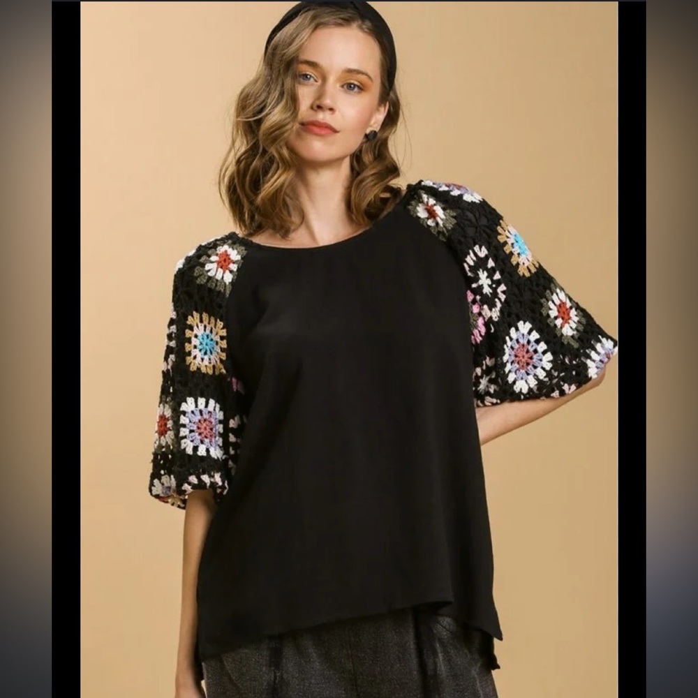 Umgee Black Top with Colorful Crochet Sleeves